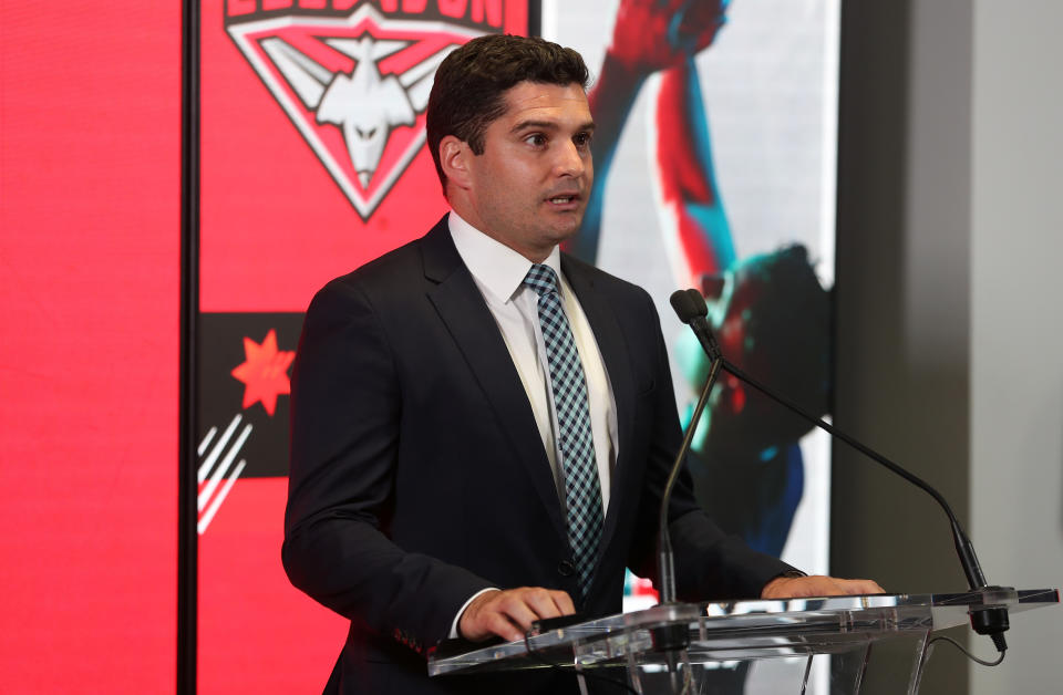 MELBOURNE, AUSTRALIA - NOVEMBER 28: Leigh Montagna announces picks during the 2019 NAB AFL Draft at Marvel Stadium on November 28, 2019 in Melbourne, Australia. (Photo by Michael Willson/AFL Photos via Getty Images)