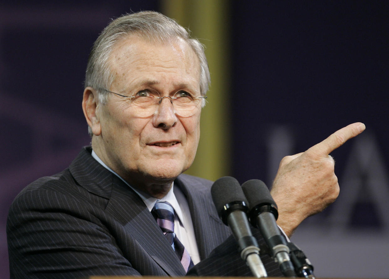 FILE - In this Nov. 9, 2006, file photo, Defense Secretary Donald Rumsfeld asks for another question following his Landon Lecture at Kansas State University in Manhattan, Kan. The family of Rumsfeld says he died June 29, 2021. He was 88. (AP Photo/Orlin Wagner, File)