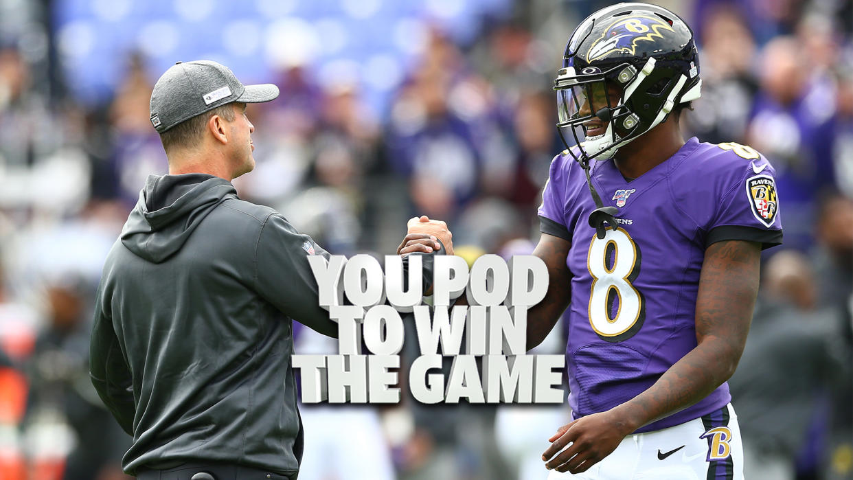 Baltimore Ravens head coach John Harbaugh shakes hands with QB Lamar Jackson. The pair have endured a difficult summer leading up to the 2021 regular season. (Photo by Dan Kubus/Getty Images)
