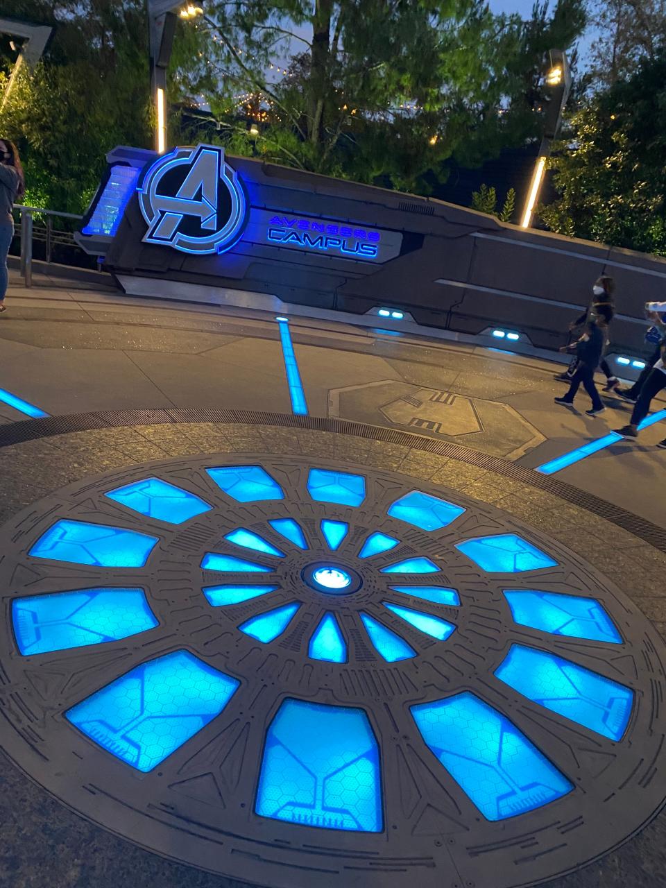 avengers campus arc reactor at night