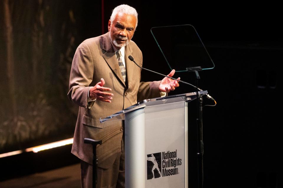 Clayborne Carson gives his acceptance speech after being presented with the Freedom Award during the Freedom Award ceremony at The Orpheum in Downtown Memphis, on Thursday, October 19, 2023.