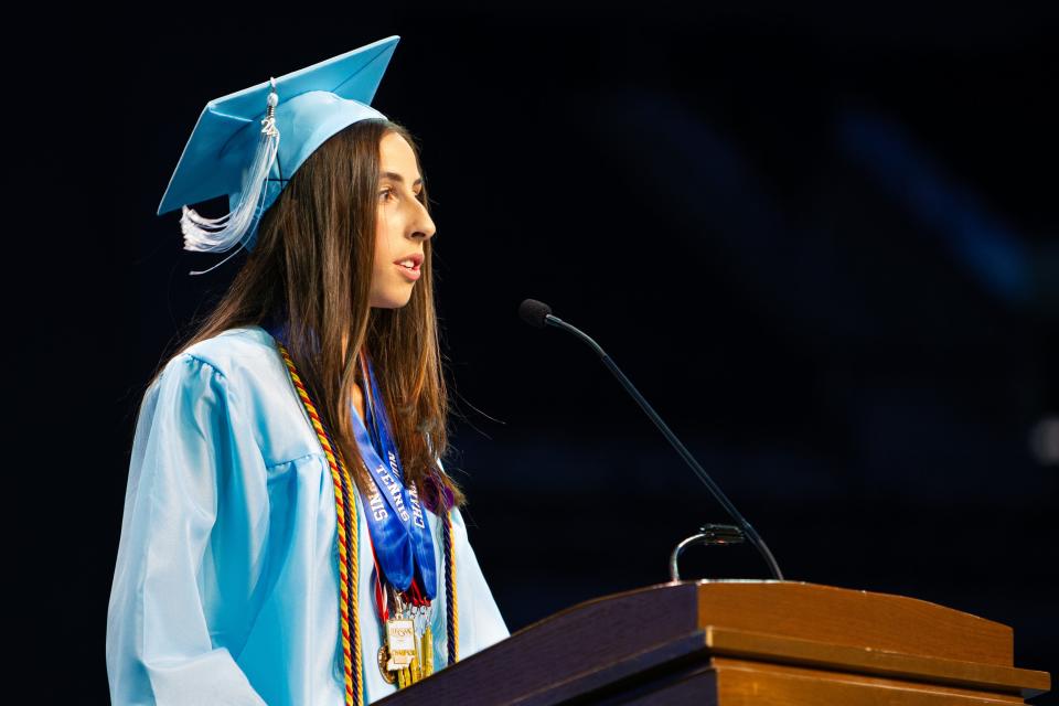 Saint Joseph High School valedictorian Mary Elizabeth Bellia delivers a speech during commencement at Purcell Pavilion at the University of Notre Dame on Sunday, June 2, 2024.