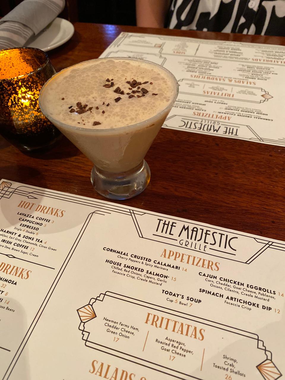 Weekend brunch returns to The Majestic Grille after a year-long hiatus. Start with a Vanilla Espresso Martini topped with chocolate espresso beans from Dinstuhl’s candy shop.