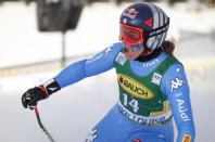 Italy's Sofia Goggia reacts in the finish area following her run in the women's World Cup Super-G ski race in Lake Louise, Alberta, on Sunday, Dec. 5, 2021. (Frank Gunn/The Canadian Press via AP)