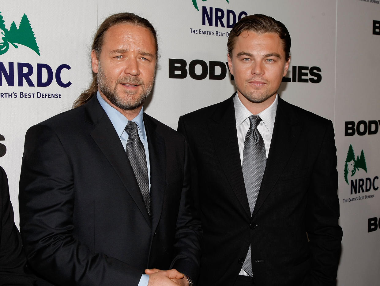 NEW YORK - OCTOBER 05: Actors Russell Crowe and Leonardo DiCaprio attend the premiere of "Body of Lies" at the Frederick P. Rose Theater on October 5, 2008 in New York City.  (Photo by Jemal Countess/WireImage) 