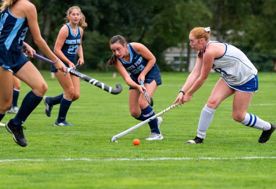 North Penn's Grace McGeehan (29) against Bensalem's Dewees (18) during their field hockey game at Bensalem High School in Bensalem on Thursday, Sept. 28, 2023.

[Daniella Heminghaus | Bucks County Courier Times]