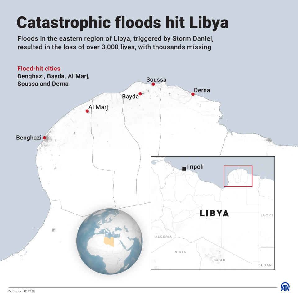 A map showing the area of Libya that was flooded after it was hit by Storm Daniel.