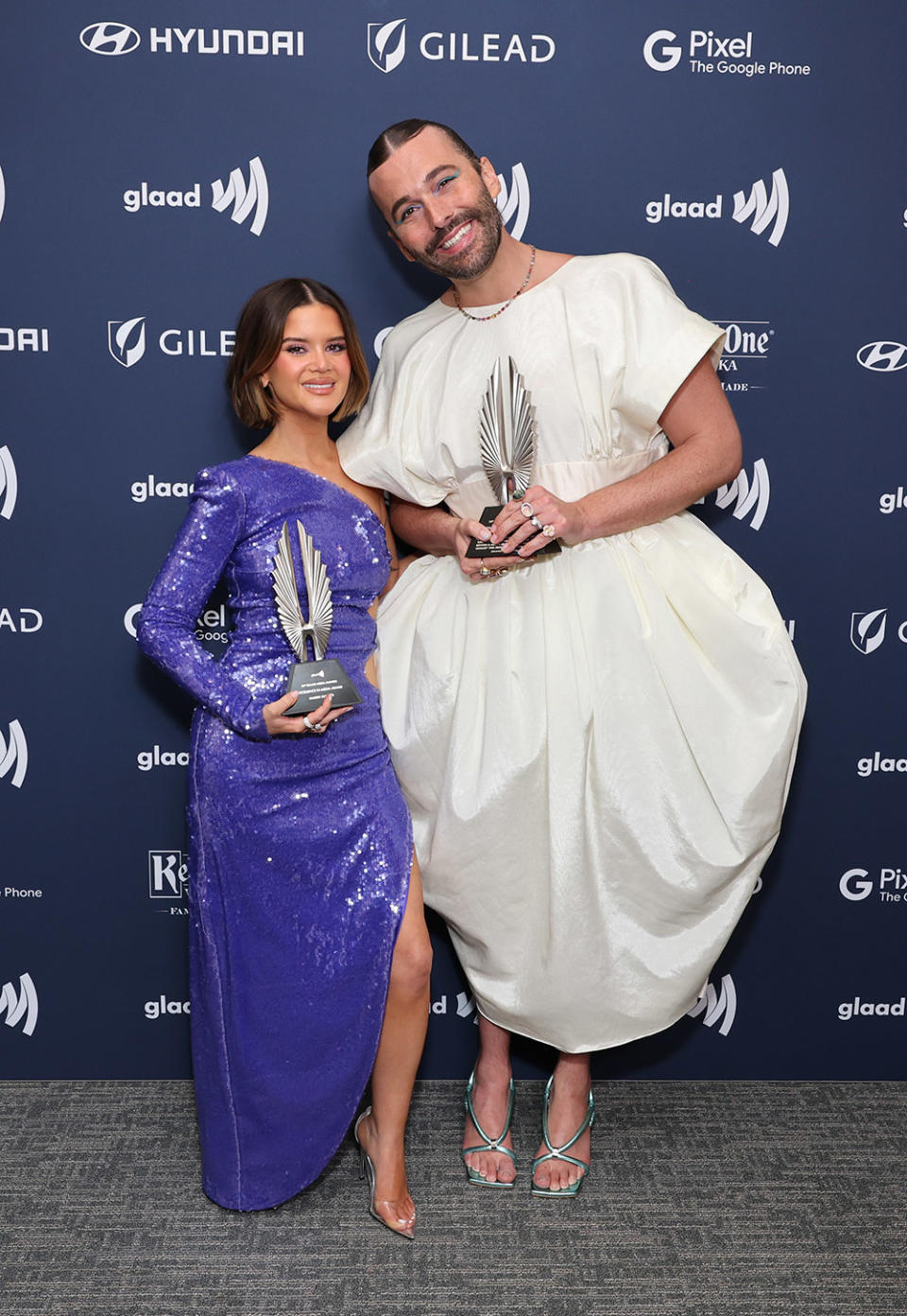 Honorees Maren Morris and Jonathan Van Ness pose with their awards during the 34th Annual GLAAD Media Awards at New York Hilton on May 13, 2023 in New York City.