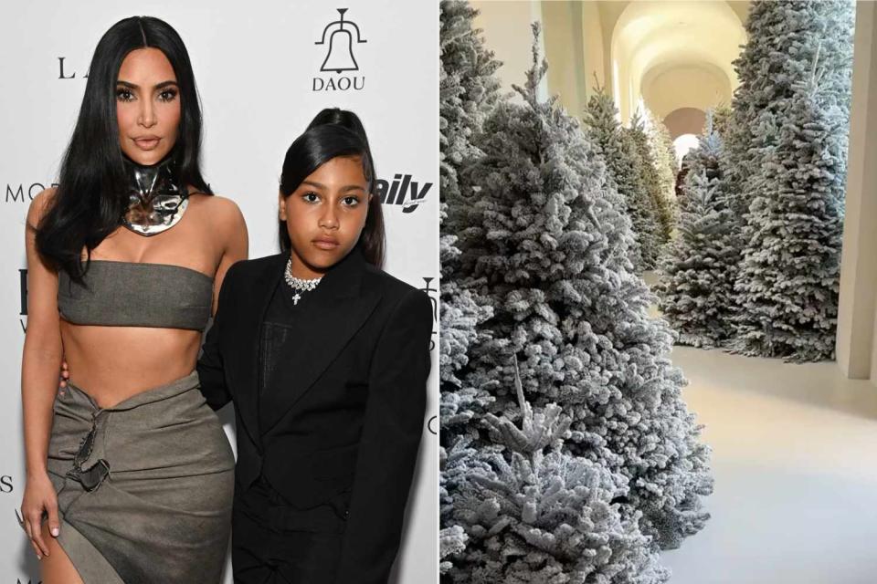 <p>Michael Kovac/Getty, Kim and North/TikTok</p> Kim Kardashian and daughter North revealed their snow-covered Christmas trees on their joint TikTok account.