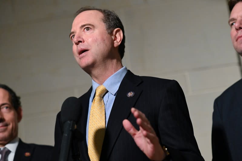 U.S. House Intelligence Committee Chair Schiff speaks to reporters during a break in a closed-door impeachment inquiry into U.S. President Trump on Capitol Hill in Washington