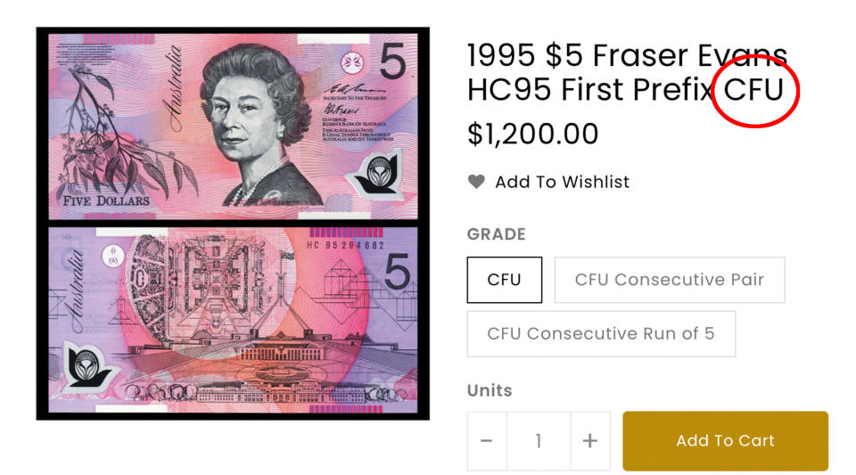 An ad for a $5 Fraser Evans banknote with 'CFU' circled in red