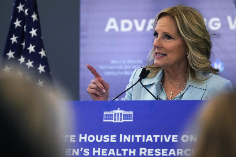 First lady Jill Biden gestures while addressing a gathering during a discussion on women's health research, Wednesday, Feb. 21, 2024, in Cambridge, Mass. (AP Photo/Charles Krupa, Pool)