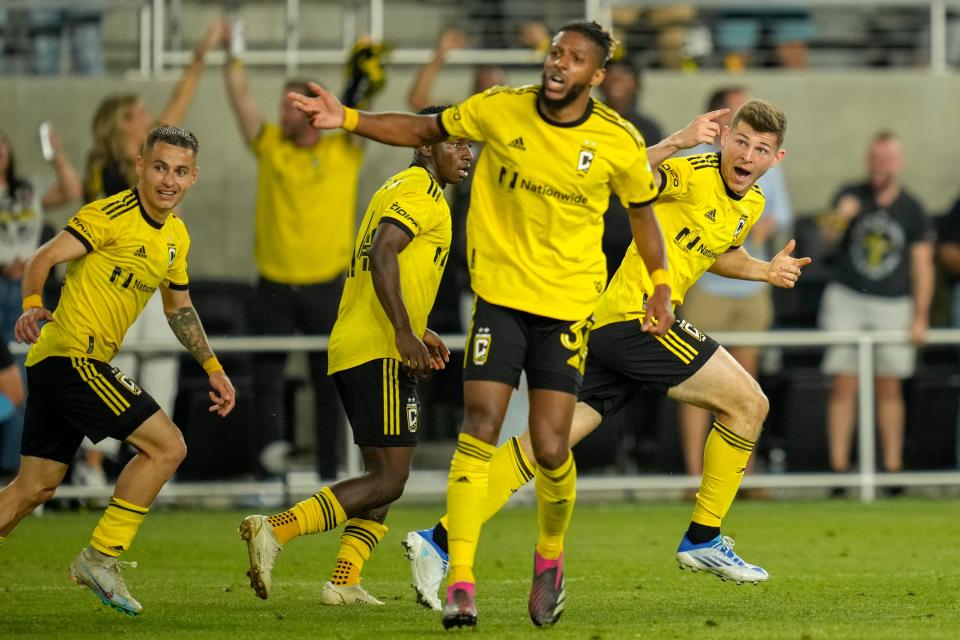 Apr 15, 2023; Columbus, Ohio, United States;  Columbus Crew midfielder Sean Zawadzki (25) celebrates after scoring a goal against New England Revolution during the second half of the MLS soccer game between Columbus Crew and New England Revolution at Lower.com Field on Saturday evening. Mandatory Credit: Joseph Scheller-The Columbus Dispatch