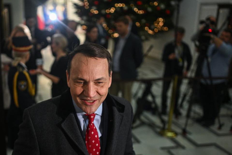 Future Foreign Minister Radoslaw Sikorski arrives for Donald Tusk speech, during a session at the parliament on Dec. 12, 2023, in Warsaw, Poland. (Omar Marques/Getty Images)