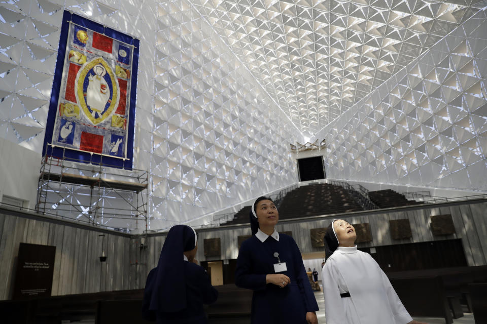 Nuns get a first look at the newly renovated Christ Cathedral Monday, July 8, 2019, in Garden Grove, Calif. The 88,000-square-foot Catholic church has undergone a $77 million renovation. (AP Photo/Marcio Jose Sanchez)