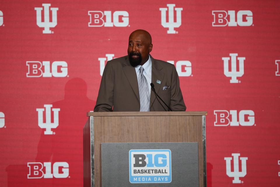 Oct 11, 2022; Minneapolis, Minnesota, US; Indiana men's head coach Mike Woodson speaks to the media during the Big Ten media days at Target Center.