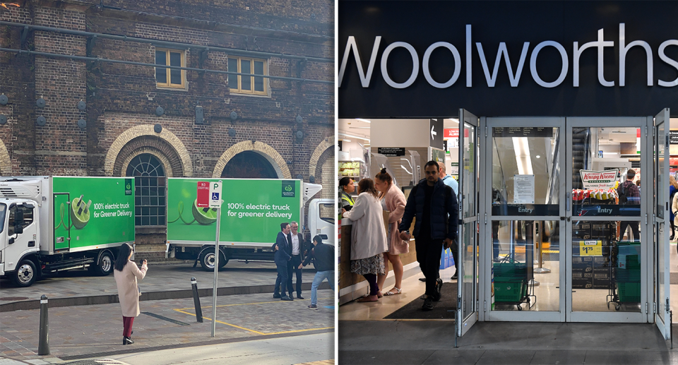 Left - Two Woolworths EV trucks. Right - A Woolworths store front.