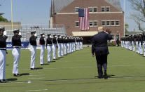 <p>President Donald Trump salutes as he leaves commencement exercises at the U.S. Coast Guard Academy in New London, Conn., Wednesday, May 17, 2017, where he gave the commencement address. (Photo: Susan Walsh/AP) </p>