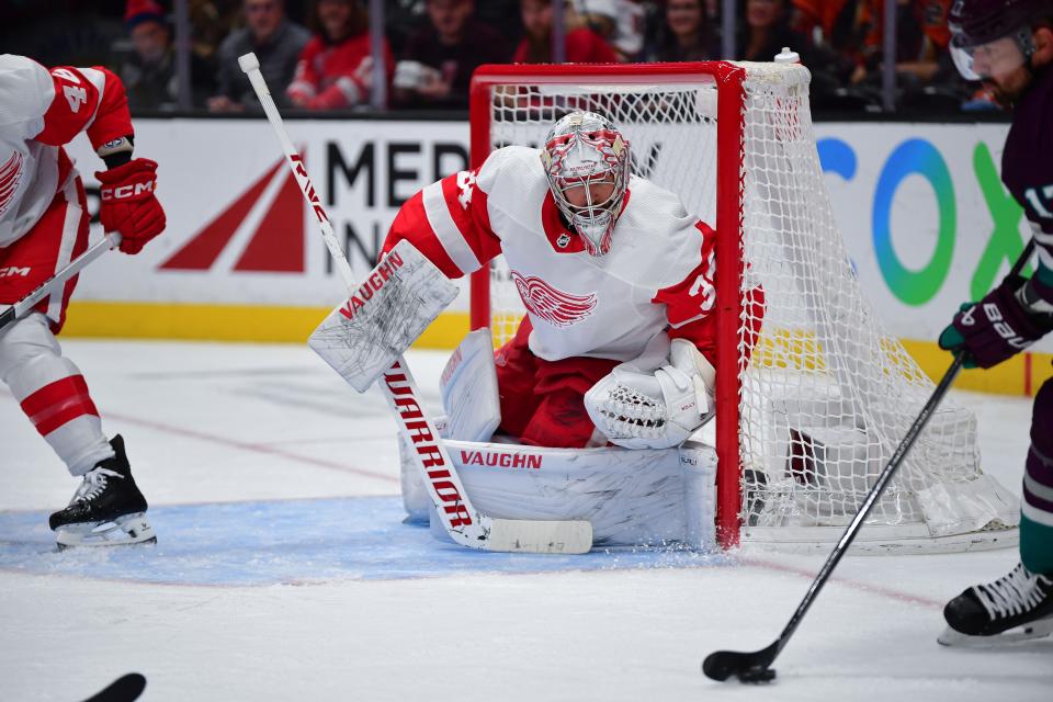 Jan 7, 2024; Anaheim, California, USA; Detroit Red Wings goaltender Alex Lyon (34) defends the goal against the Anaheim Ducks during the second period at Honda Center in Anaheim, California, on Sunday, Jan. 7, 2024.