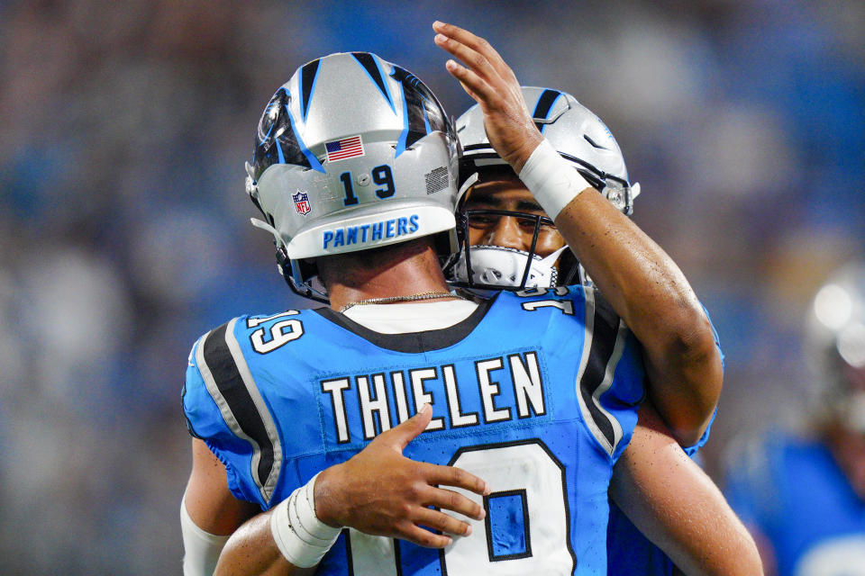 Carolina Panthers quarterback Bryce Young celebrates after his touchdown pass to wide receiver Adam Thielen against the Detroit Lions during the first half of a preseason NFL football game Friday, Aug. 25, 2023, in Charlotte, N.C. (AP Photo/Jacob Kupferman)