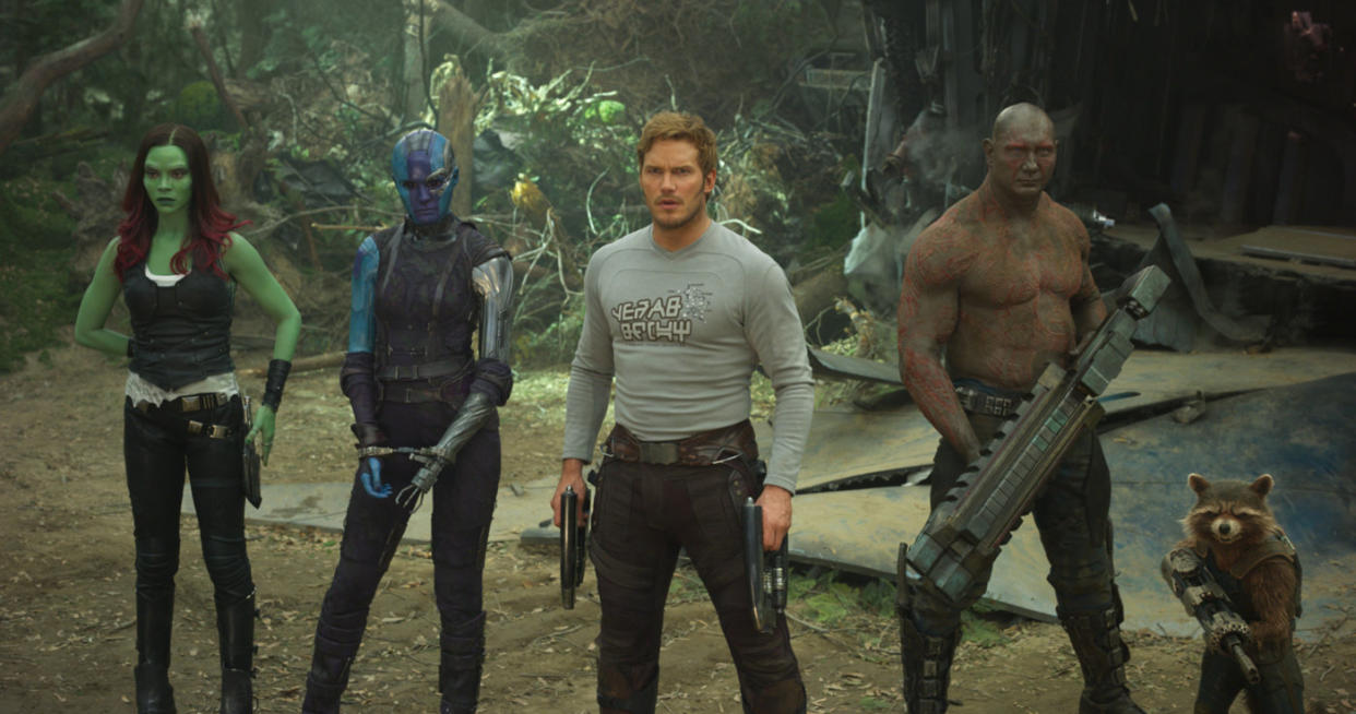 L-R: Gamora (Zoe Saldana), Nebula (Karen Gillan), Star-Lord (Chris Pratt), Drax (Dave Bautista) and Rocket Raccoon in 'Guardians of the Galaxy Vol 2' (credit: Marvel Studios)