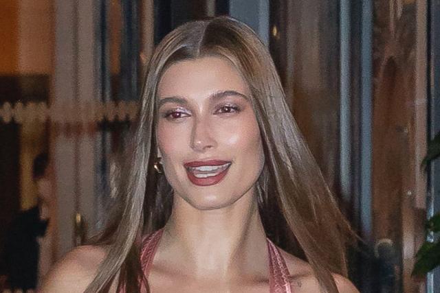 Hailey Bieber Is Totally 2000s in Silk Halter Dress and Chunky