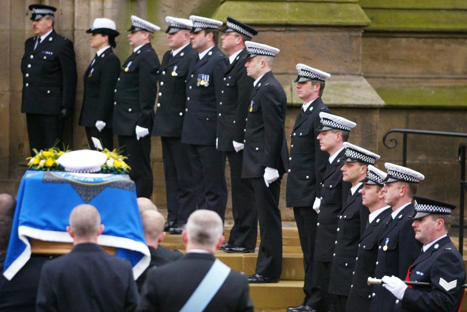 Pc Neil Roper (fifth right) lines-up with fellow Police officers as the coffin of their colleague Pc Ian Broadhurst is carried during a funeral service at Leeds Parish Church in Kirkgate, West Yorkshire. Pc Roper survived the incident in which Pc Broadhurst, 34, from Birkenshaw, West Yorkshire, was shot twice while helping to arrest American David Bieber in Dibb Lane, Leeds, on Boxing Day.  2/12/04: Former US Marine David Bieber, a bouncer and steroid abuser who is wanted in the US for a murder plot, was found guilty at Newcastle Crown Court of the murder of PC Broadhurst and also convicted  of the attempted murders of two of Pc Broadhurst's colleagues. 