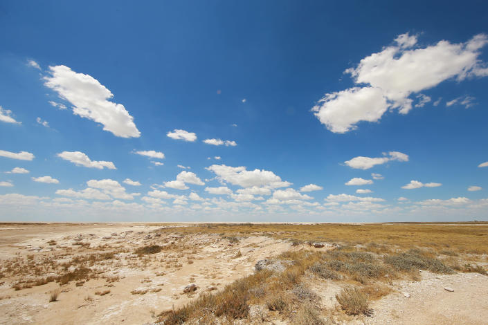 A view of the Etosha Pan, a 75-mile-long dry lakebed. Etosha, which means “Great White Place,” is composed of a large mineral pan. (Photo: Gordon Donovan/Yahoo News)