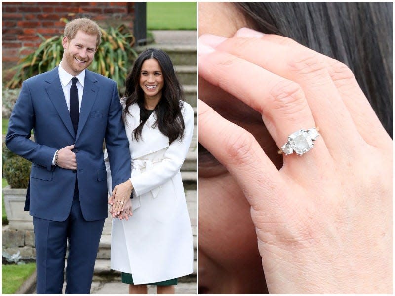 Left. Prince Harry and Meghan Markle announce their engagement. Right: Markle's engagement ring with three diamonds.