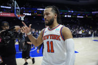 New York Knicks' Jalen Brunson reacts after winning Game 6 in an NBA basketball first-round playoff series against the Philadelphia 76ers, Thursday, May 2, 2024, in Philadelphia. (AP Photo/Matt Slocum)