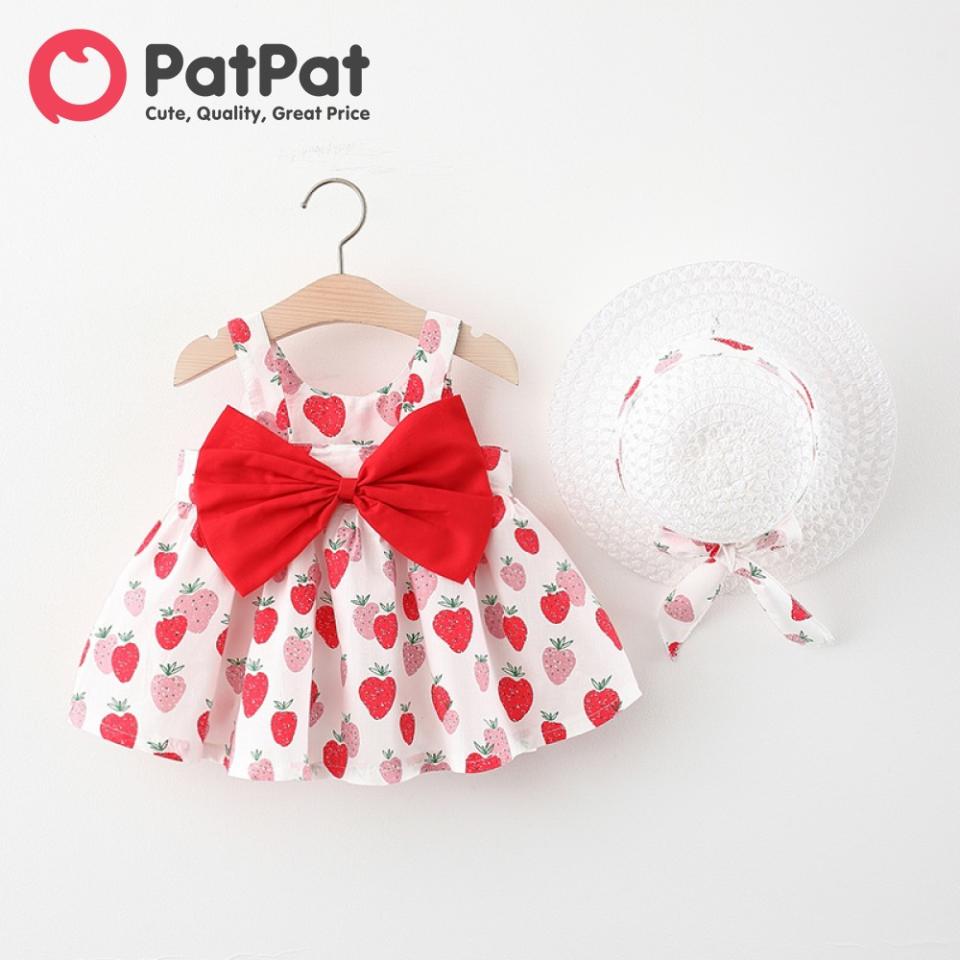 PatPat Baby Girl Clothes 100% Cotton All Over Red Strawberry Print Sleeveless Bowknot Dress with Hat Set for 3 Months-3 Years. (Photo: Shopee SG)