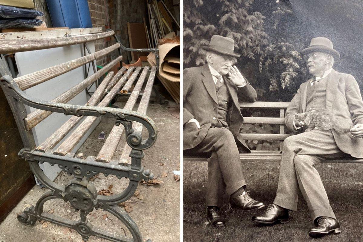 Photo of the bench before repairs and a historic photograph featuring Hardy and fellow writer Edmund Gosse <i>(Image: National Trust, Dorset History Centre)</i>