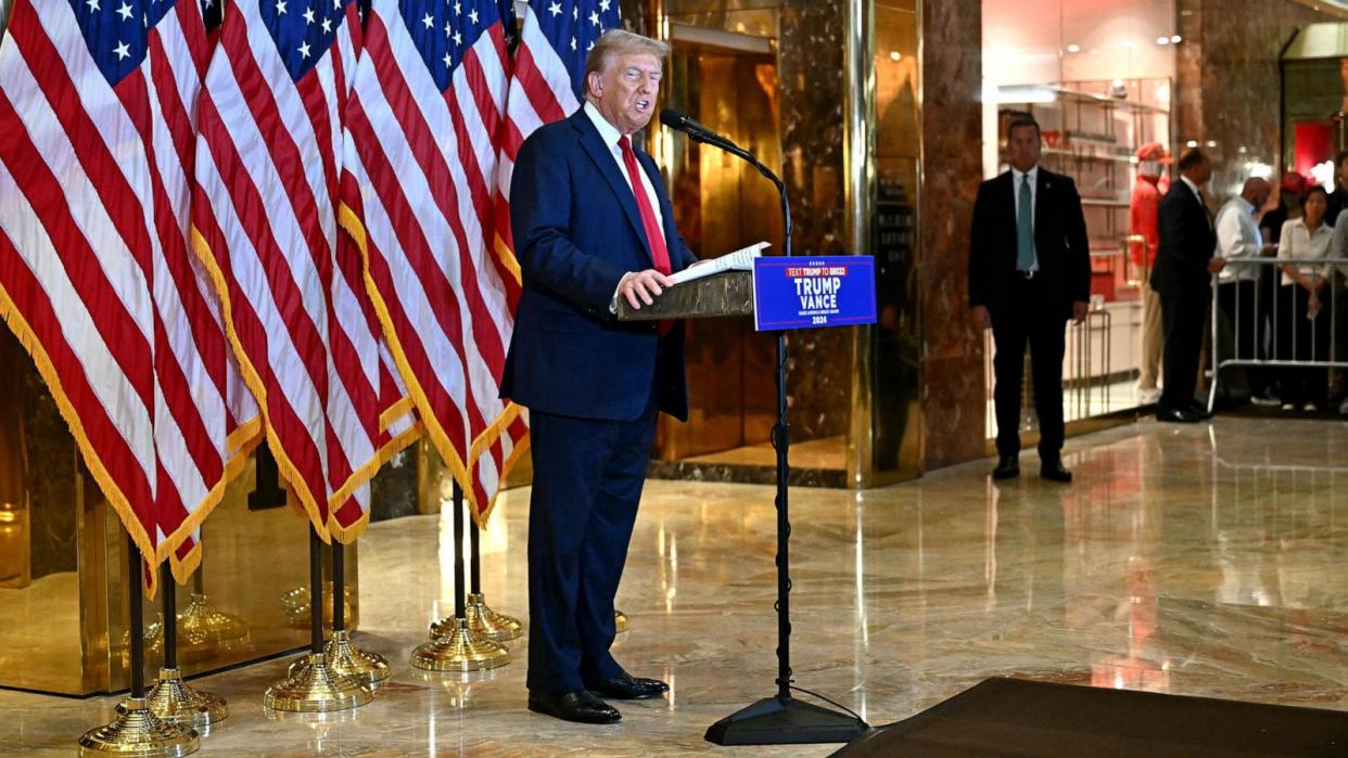 PHOTO: Former President and Republican presidential candidate Donald Trump delivers remarks to the press at Trump Tower in New York, on Sept. 26, 2024. (Angela Weiss/AFP via Getty Images)