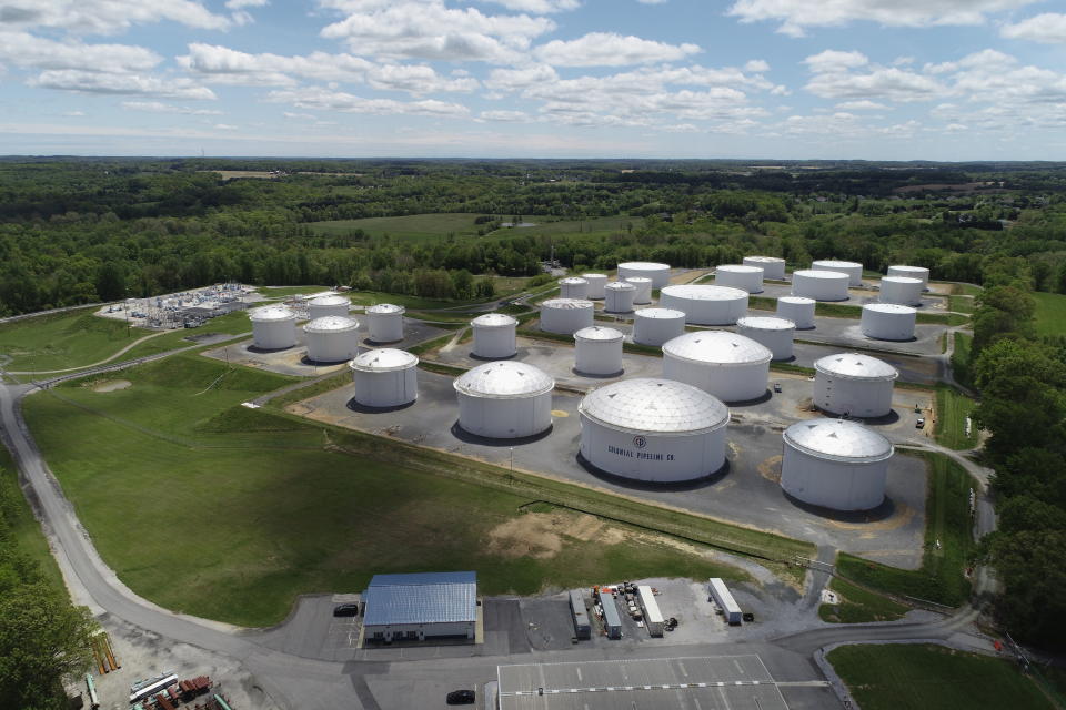 Holding tanks are seen in an aerial photograph at Colonial Pipeline's Dorsey Junction Station in Woodbine, Maryland, U.S. May 10, 2021. (Drone Base/Reuters)