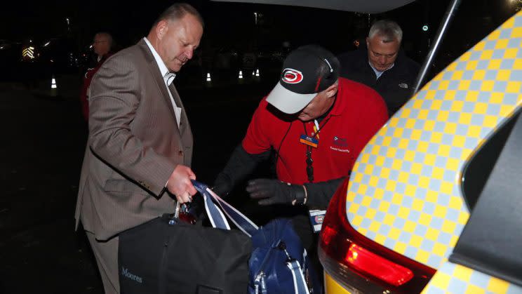 Gerard Gallant, former Florida Panthers head coach, gets into a cab after being relieved of his duties following an NHL hockey game against the Carolina Hurricanes, Sunday, Nov. 27, 2016, in Raleigh, N.C. (AP Photo/Karl B DeBlaker)