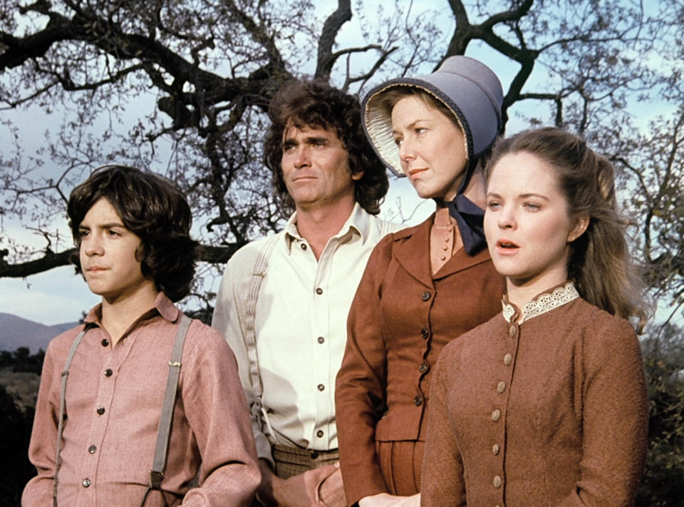 Matthew Labyorteaux, Michael Landon, Karen Grassle, and Melissa Sue Anderson in period-appropriate 19th-century frontier clothing on "Little House on the Prairie" set