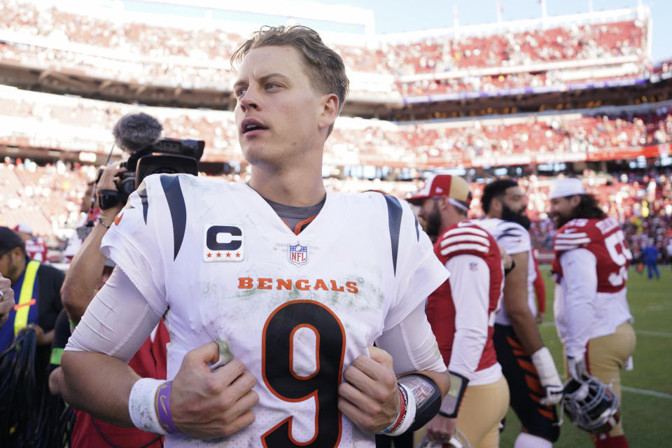 SANTA CLARA, CALIFORNIA – OCTOBER 29: Joe Burrow #9 of the Cincinnati Bengals looks on after the game against the San Francisco 49ers at Levi’s Stadium on October 29, 2023 in Santa Clara, California. (Photo by Loren Elliott/Getty Images)