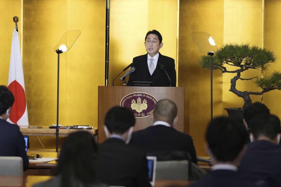 FILE - Japanese Prime Minister Fumio Kishida speaks during his New Year's news conference in Ise, central Japan on Jan. 4, 2023. Kishida begins a weeklong trip Monday, Jan. 9, to strengthen military ties with Europe and Britain and bring into focus the Japan-U.S. alliance at a summit in Washington, as Japan breaks from its postwar restraint to take on more offensive roles with an eye toward China. (Kyodo News via AP, File)