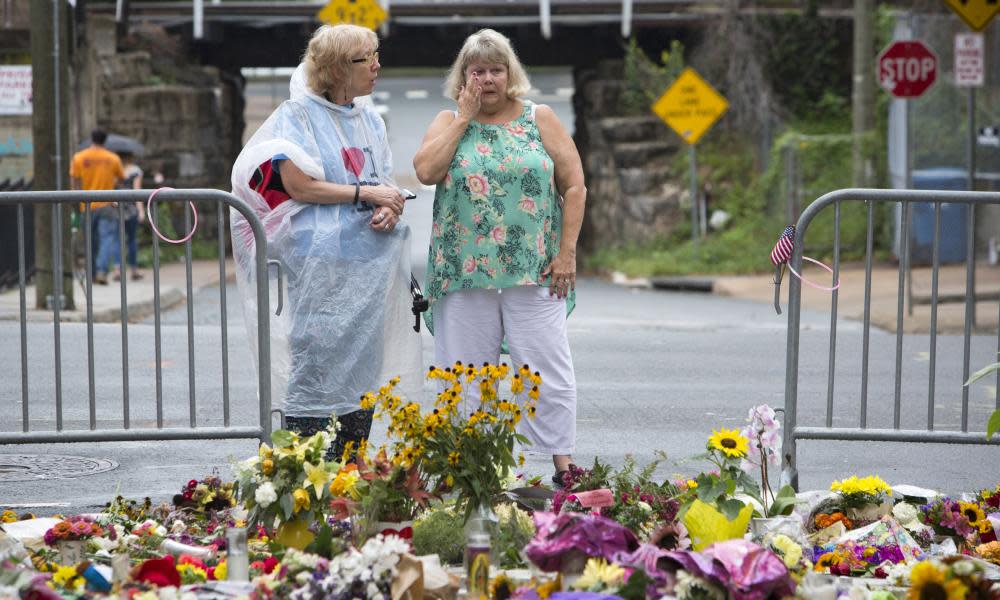 A memorial at 4th and Water Streets, where Heather Heyer was killed when a car rammed into a group of counterprotesters last weekend.