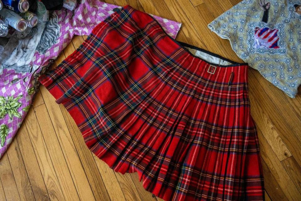 A kilt worn by musician A$AP Rocky in a music video the rapper filmed in Kansas City is showcased among a collection of clothing designs made by Johnson.