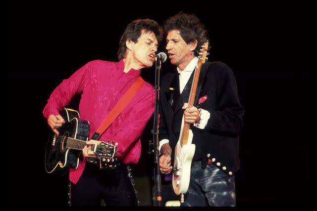 (Photo by Paul Natkin/Getty Images) British musicians Mick Jagger (left) and Keith Richards (right) of the Rolling Stones performs on stage during the band's 'Steel Wheels' tour. (August 1989)