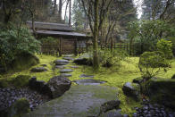 This photo provided by Portland Japanese Garden shows their Tea House as viewed from the Tea Garden after Rain. (Tyler Quinn/Portland Japanese Garden via AP)