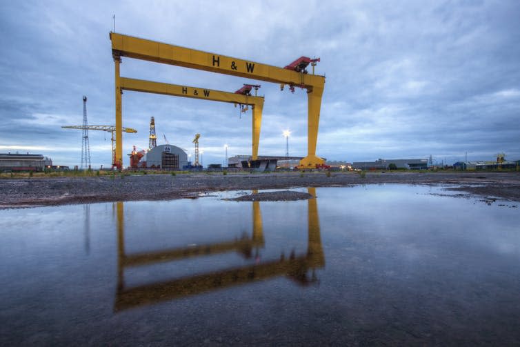 <span class="caption">H&W cranes, Goliath and Samson, are an iconic feature of the Belfast landscape.</span> <span class="attribution"><a class="link " href="https://www.pexels.com/pl-pl/zdjecie/1650886/" rel="nofollow noopener" target="_blank" data-ylk="slk:Steven Hylands from Pexels;elm:context_link;itc:0;sec:content-canvas">Steven Hylands from Pexels</a>, <a class="link " href="http://creativecommons.org/licenses/by/4.0/" rel="nofollow noopener" target="_blank" data-ylk="slk:CC BY;elm:context_link;itc:0;sec:content-canvas">CC BY</a></span>