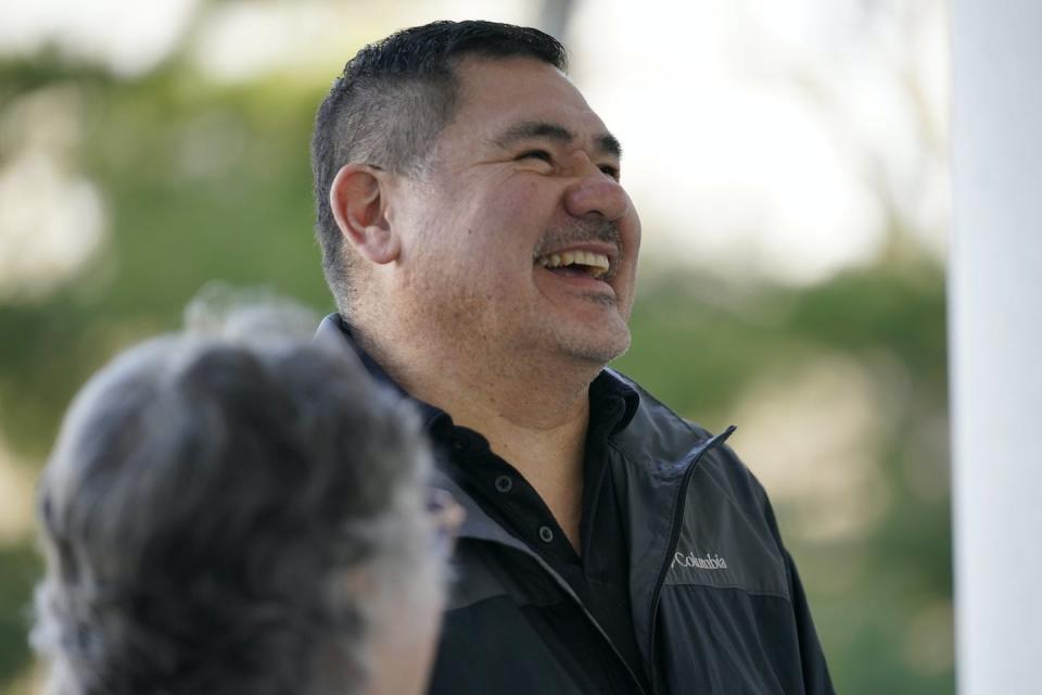 Vice Chief Ernie Neptune of the Passamaquoddy Tribe at Pleasant Point, pleased by the House passage of a bill at the State House in Augusta, Maine, that allows the tribes to regulate their own drinking water on April 12, 2022. <a href="https://newsroom.ap.org/detail/TribalSovereigntyMaine/e5b0b3f868ec4265b44f077e74203739/photo?Query=Neptune%20Bukaty&mediaType=photo&sortBy=arrivaldatetime:asc&dateRange=Anytime&totalCount=9&currentItemNo=8" rel="nofollow noopener" target="_blank" data-ylk="slk:AP Photo/Robert F. Bukaty;elm:context_link;itc:0;sec:content-canvas" class="link ">AP Photo/Robert F. Bukaty</a>