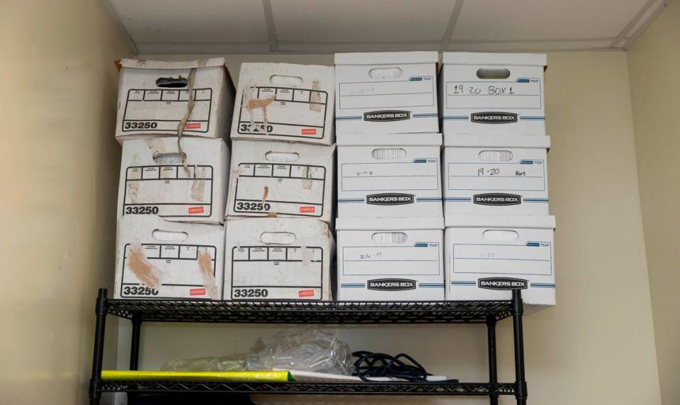Miami-Dade County Public Schools forms and FHSAA records from students at Miami Senior High School are stored inside the office of the athletic trainer at the school on Friday, Feb. 3, 2023, in Miami, Fla.