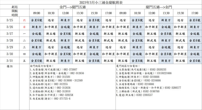 金廈小三通3月份航班表