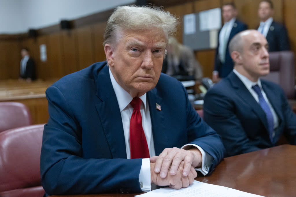 NEW YORK, NEW YORK - APRIL 15: Former U.S. President Donald Trump appears ahead of the start of jury selection at Manhattan Criminal Court on April 15, 2024 in New York City. Former President Donald Trump faces 34 felony counts of falsifying business records in the first of his criminal cases to go to trial. (Photo by Jeenah Moon-Pool/Getty Images)
