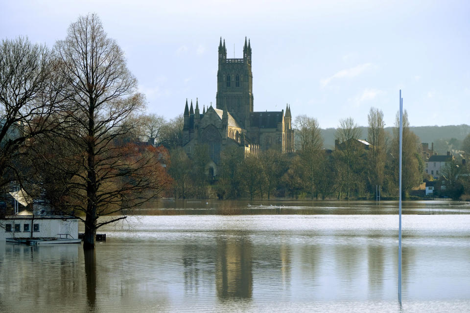 Streets have turned into rivers near Worcester Cathedral.