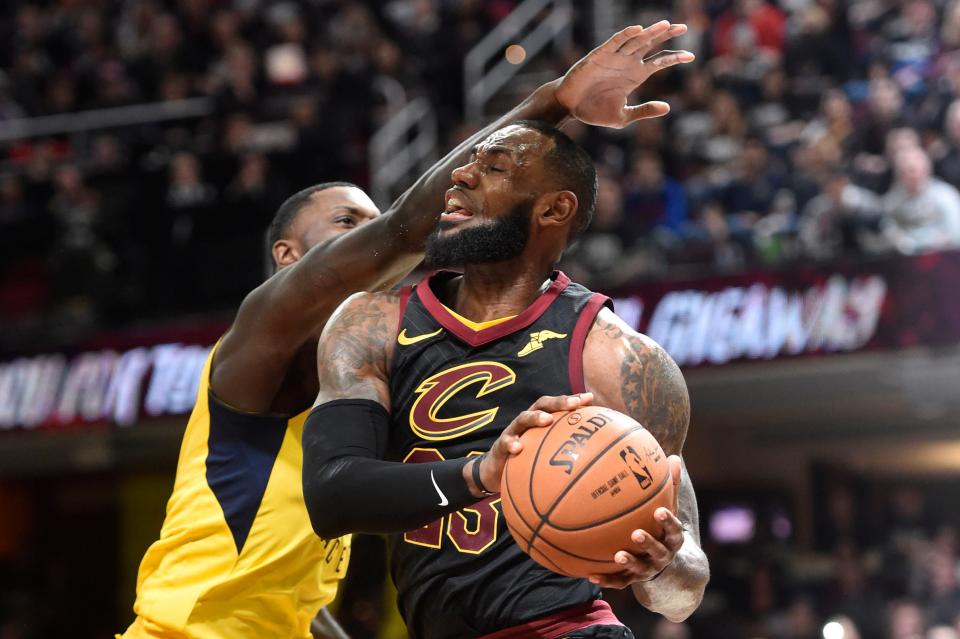 ; Cleveland Cavaliers forward LeBron James (23) is fouled by Indiana Pacers guard Lance Stephenson (1) in the third quarter in game one of the first round of the 2018 NBA Playoffs on April 15, 2018, at Quicken Loans Arena. Stephenson received a technical foul on the play.