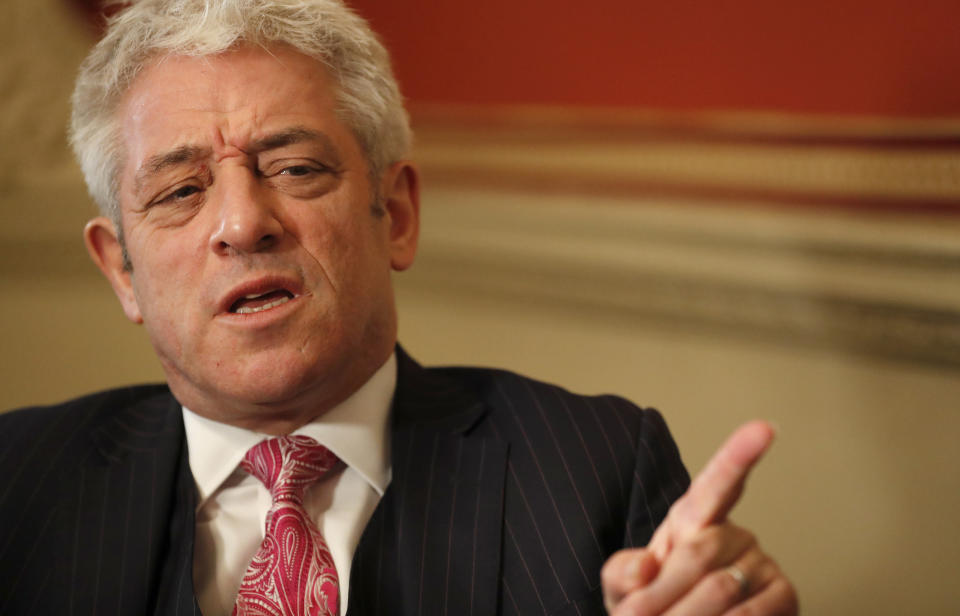 Former British House of Commons speaker, John Bercow, speaks during an interview with Associated Press in London, Thursday, Nov. 7, 2019. John Bercow says Brexit is a historic mistake and the country should not be bound by the close 2016 vote to leave the European Union. (AP Photo/Frank Augstein)